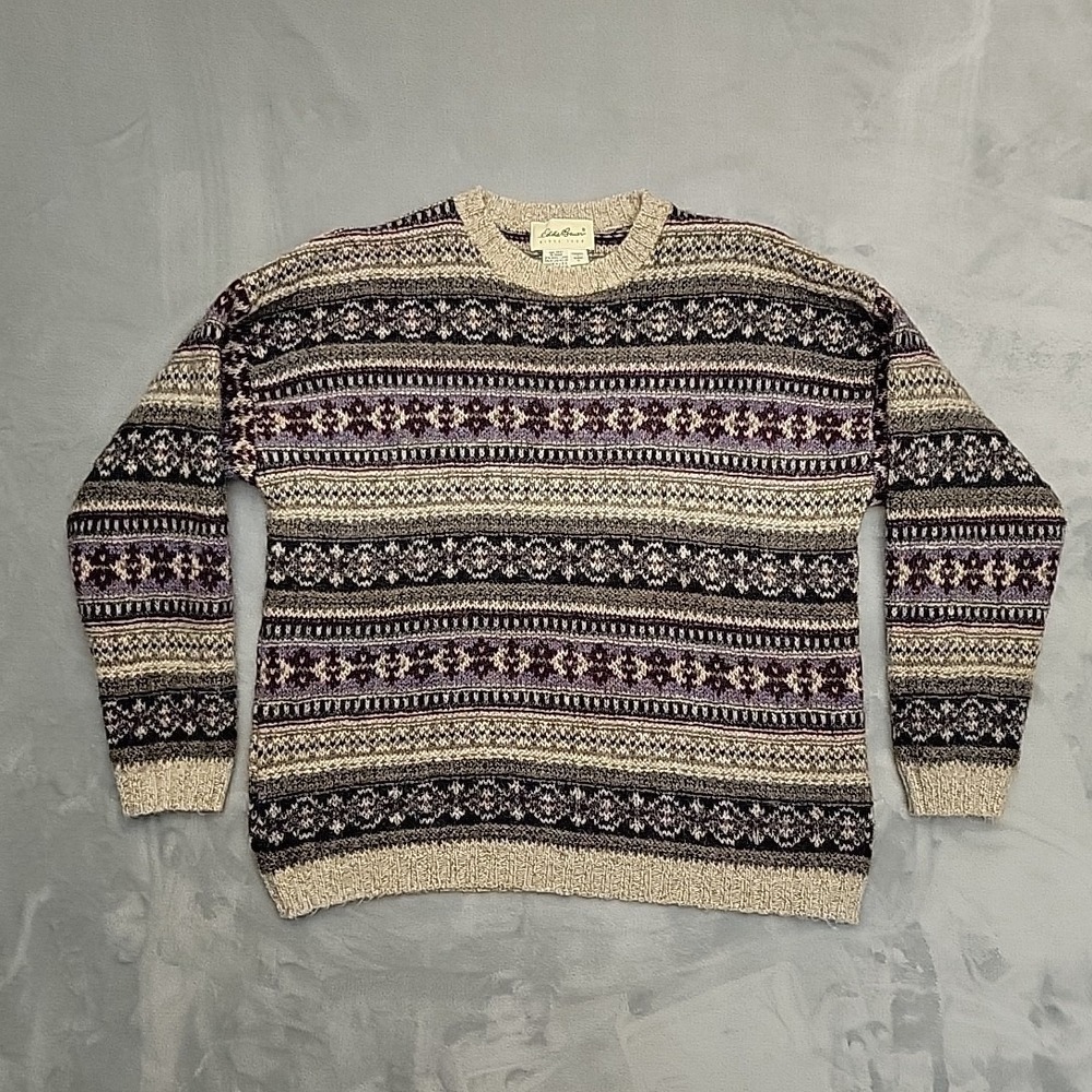 Vintage Eddie Bauer Sweater Womens M Purple Fair Isle Wool Blend Made In USA